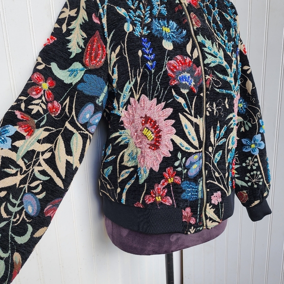 NWT $230 A.Z.I. New York Black Floral Tapestry Jacket Beaded Full Zip Linens M - Picture 16 of 16